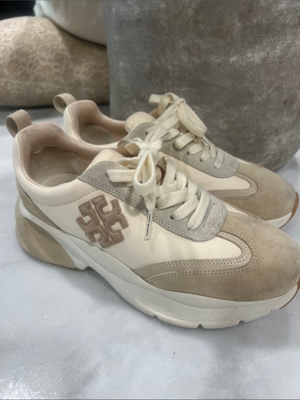 Tory Burch Neutral Beige and Cream Good Luck Trainer Sneakers